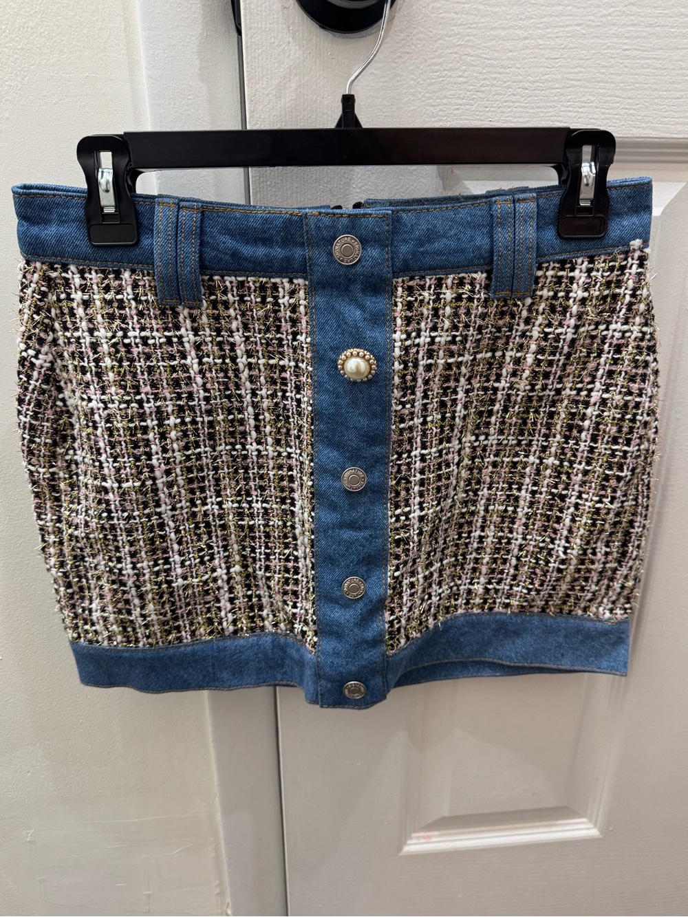 Tweed Mini Skirt with Denim Trim - Blue/Multicolor